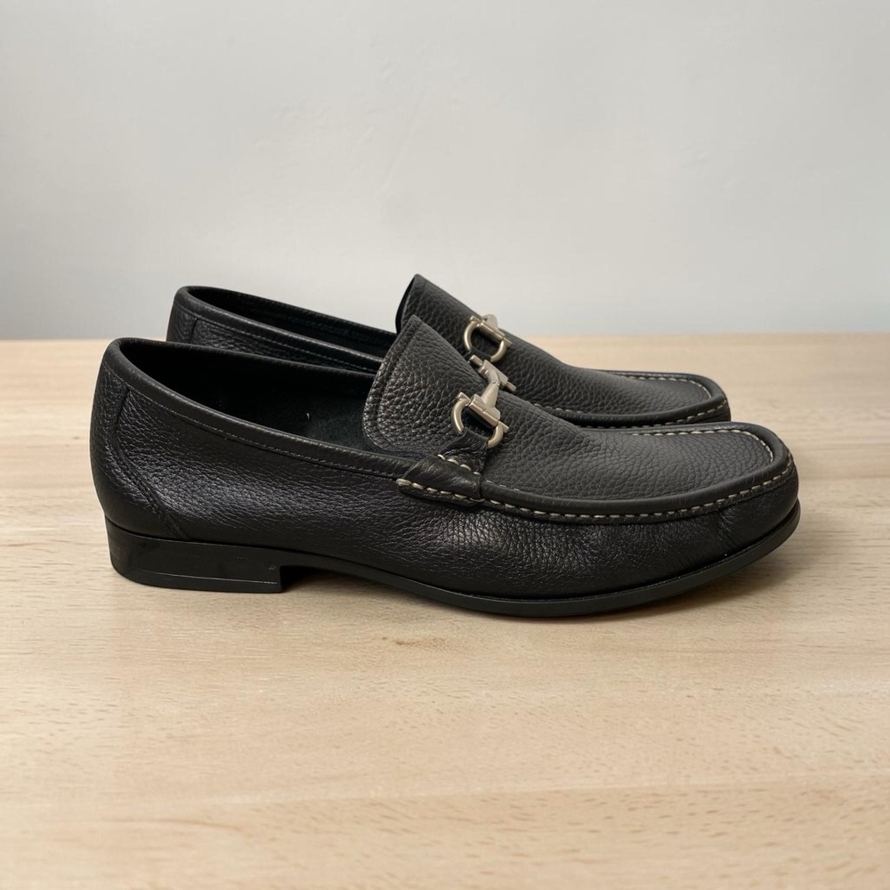 Salvatore Ferragamo Loafers Men 8.5 EEE Black Pebbled Leather Classic Designer